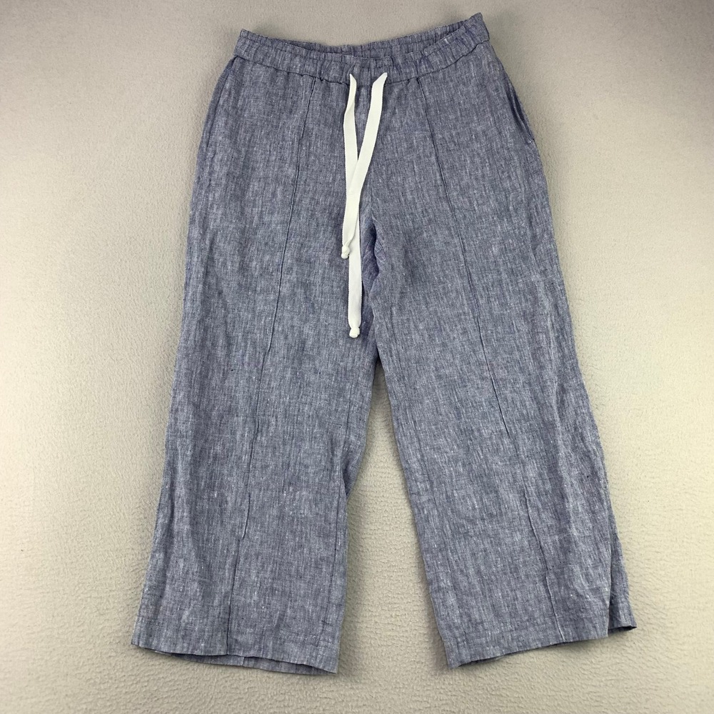 Standard Issue Linen Pants Women Medium Blue Drawstring Elastic Cropped